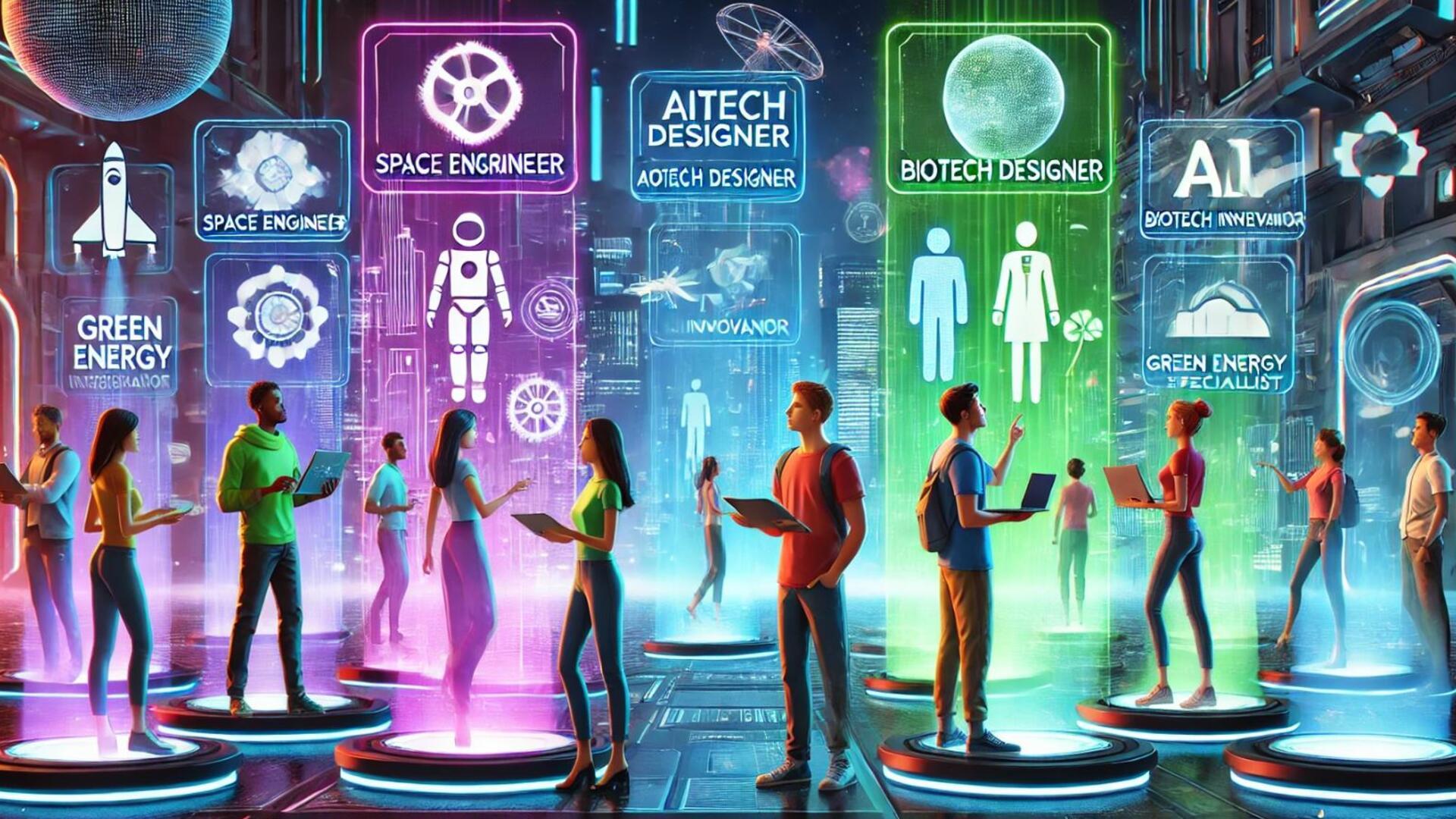Futuristisches, animiertes Bild von einer Gruppe Jugendlicher, die sich verschiedene Berufe anschaut.