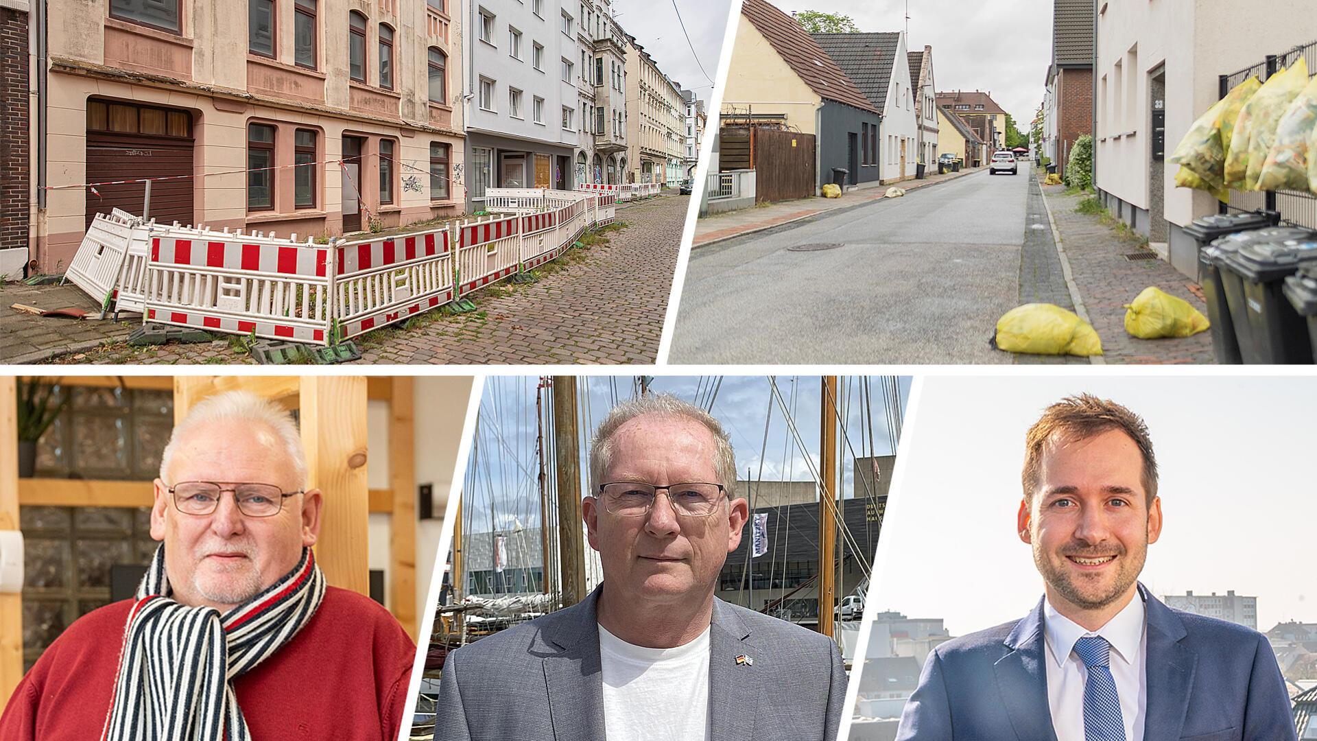 Geteiltes Bild: Blick auf den Stadtteil Goethequartier und drei Porträts von drei Politikern