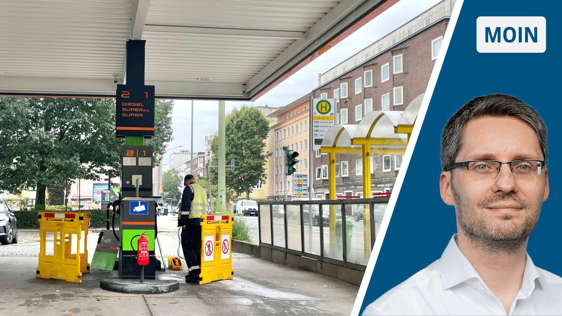 Eine Zapfsäule an einer Tankstelle. Die Zapfsäule ist abgesperrt. Ein Mann und Absperrbaken stehen davor.