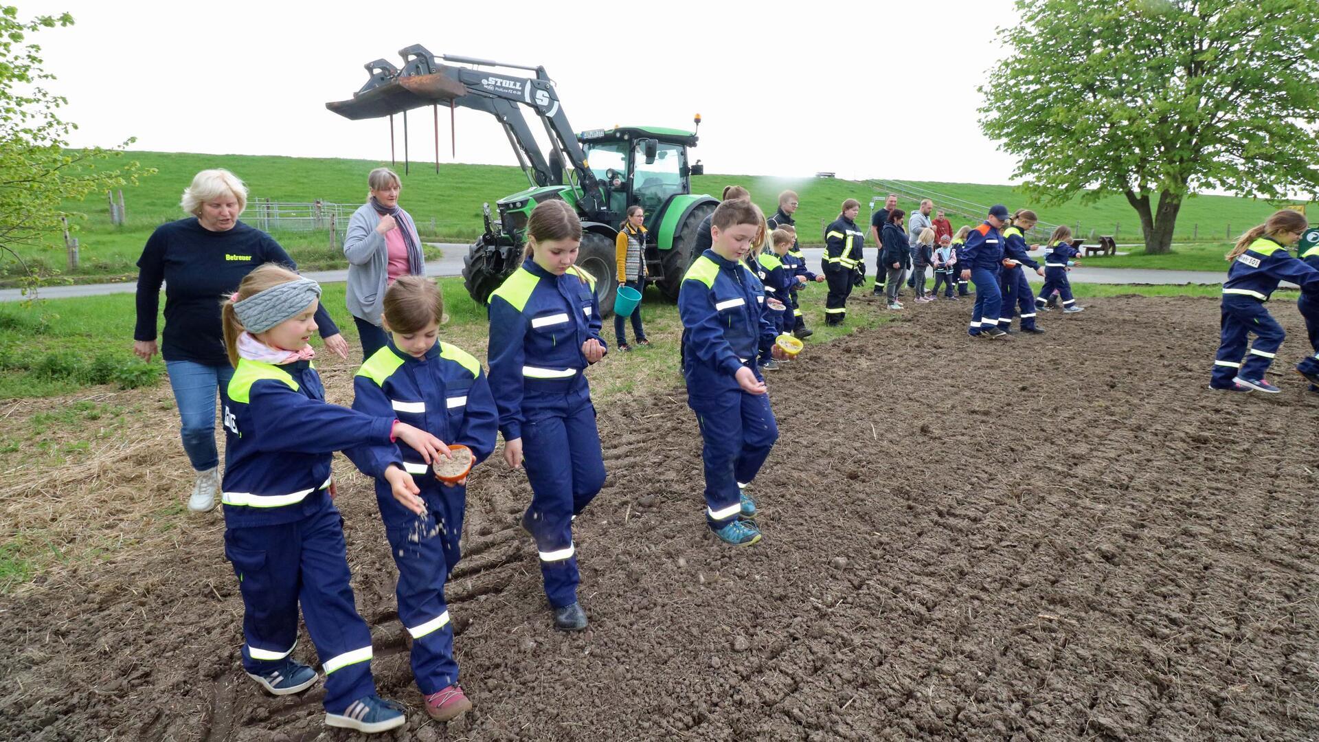 Kinder der Feuerwehr in blauer Schutzkleidung säen auf einem Acker eine Blühwiese ein. Im Hintergrund stehen Betreuer, Eltern und ein Traktor auf dem Feldweg.