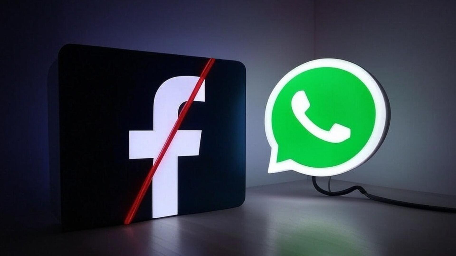 Zwei Leuchtelemente mit den Markenemblemen von Facebook und WhatsApp. Das Facebook-Symbol ist durchgestrichen.