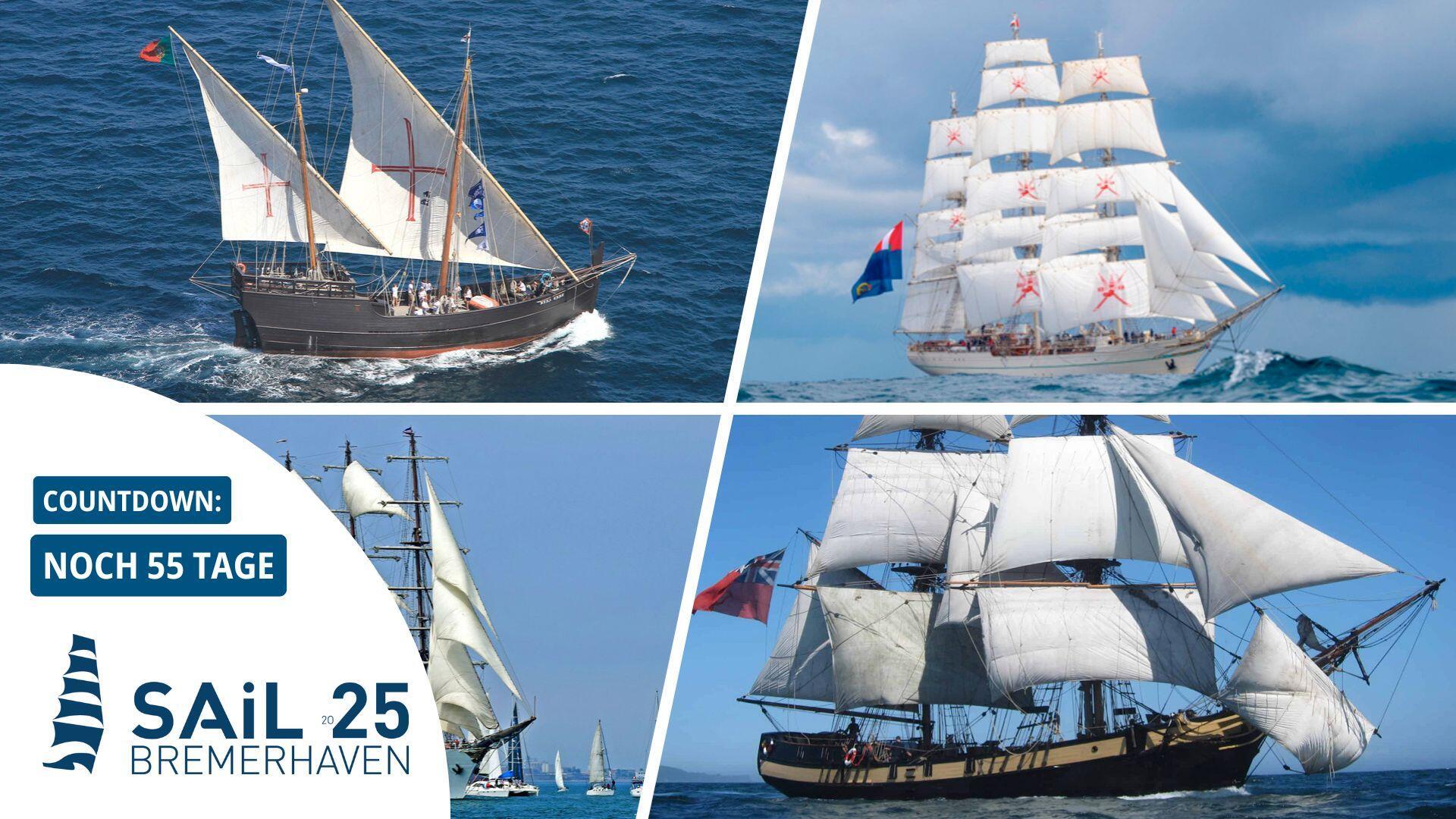 Zum ersten Mal bei der Sail: Die Karavelle „Vera Cruz“ (v.l.o.n.r.u.), die „Shabab Oman II“, die „Unión“ und die „Phoenix“.